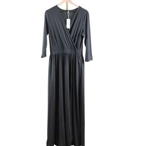 WNEEDU Womens Black V Neck Wrap Maxi Dress Long Sleeve Empire Waist XL NWT